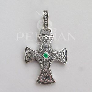 Крест серебряный мужской с зелёным агатом