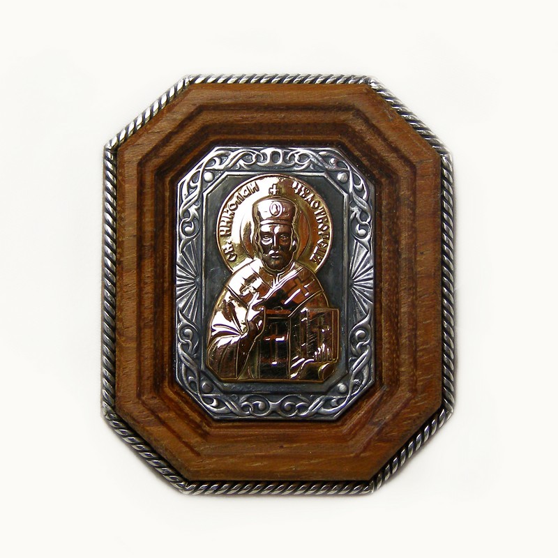 Икона автомобильная «Николай Чудотворец» с золотой накладкой